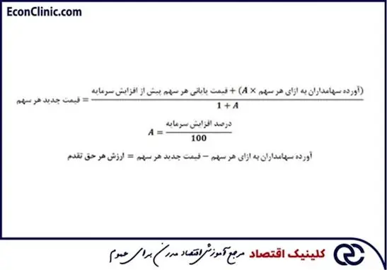 فرمول محاسبه قیمت سهام پس از افزایش سرمایه از محل آورده نقدی، در مقاله جامع افزایش سرمایه چیست؟ کلینیک اقتصاد دکتر سعدوندی